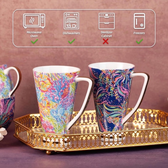 NWT Set of 2 Tall Floral Porcelain Coffee Mugs | 16.9 oz | Gold Base | Gift Box - Picture 4 of 12